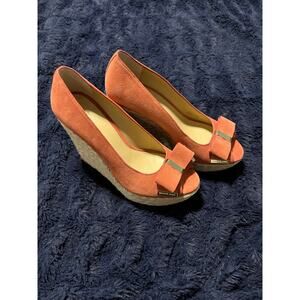 Michael Kors Burnt Coral Suede Wedge Espadrilles Women’s 6.5 Peep Toe Bow NWT